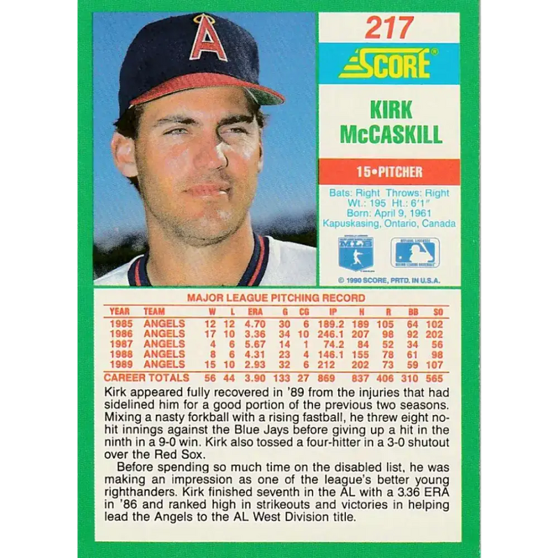 1990 Score #217 Kirk McCaskill NM-MT California Angels Baseball Card - Baseball Card Single