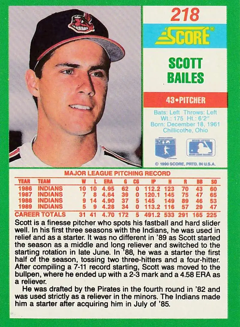 1990 Score #218 Scott Bailes EX Excellent Cleveland Indians Baseball Card - Baseball Card Single