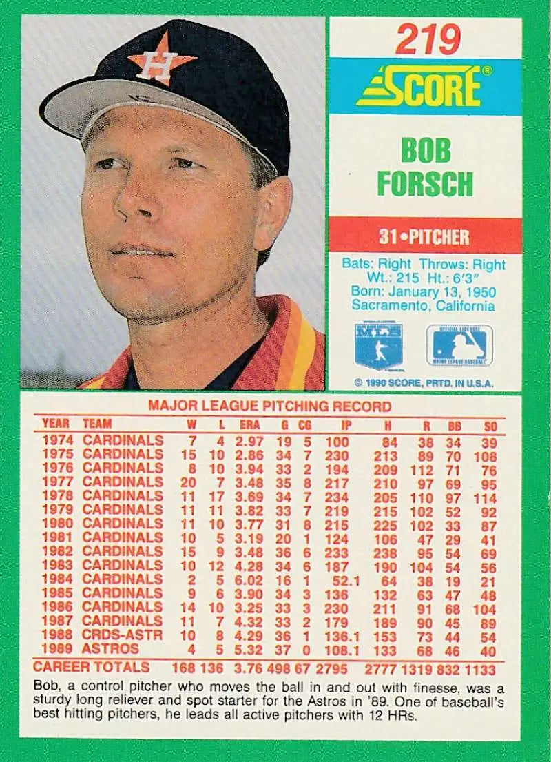 1990 Score #219 Bob Forsch EX Excellent Houston Astros Baseball Card - Baseball Card Single