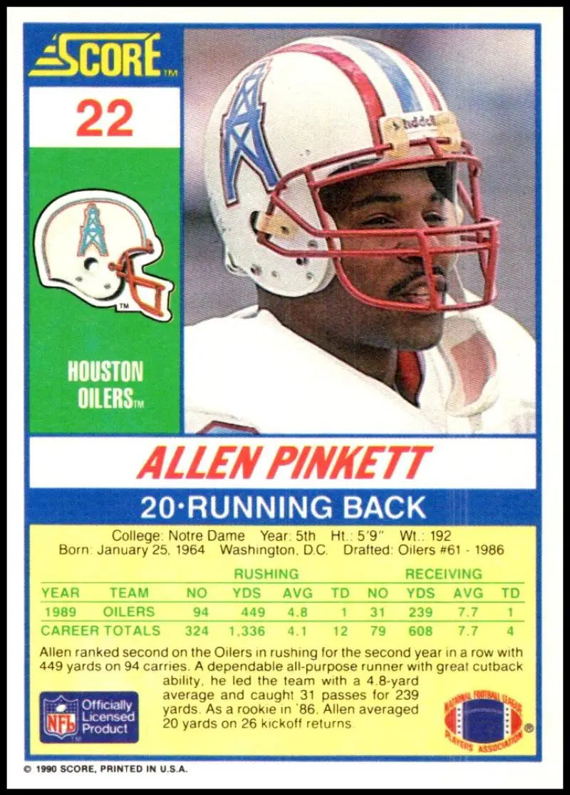 1990 Score #22 Allen Pinkett NM-MT Houston Oilers Football Card - Football Card Single