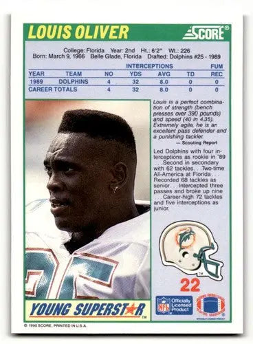 Louis Oliver Miami Dolphins football card with original gloss from 1990 Score series