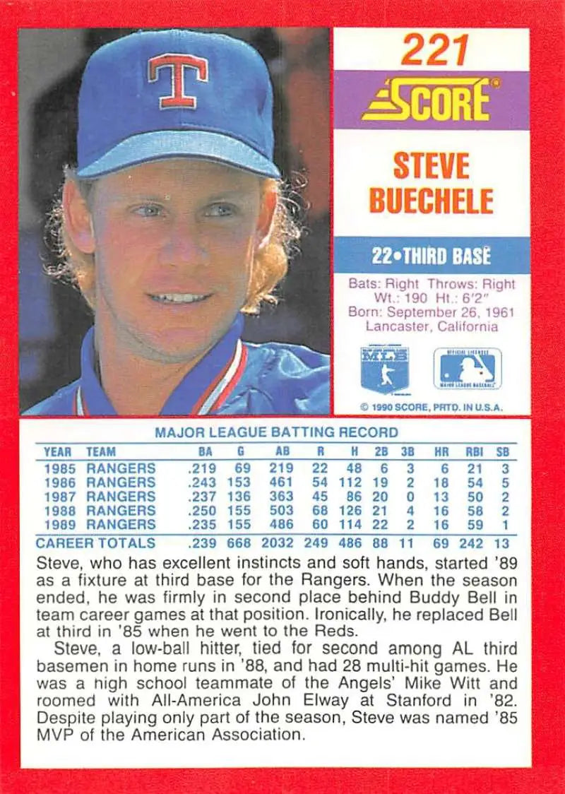 1990 Score #221 Steve Buechele EX Excellent Texas Rangers Baseball Card - Baseball Card Single