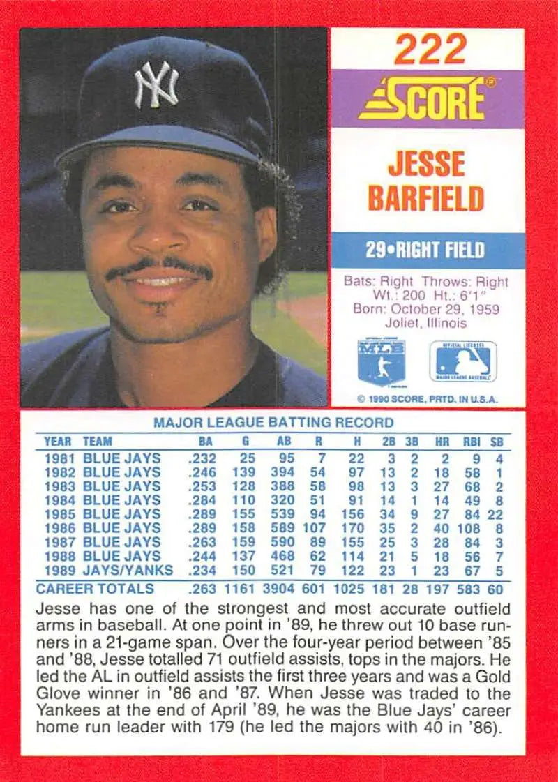 1990 Score #222 Jesse Barfield EX Excellent New York Yankees Baseball Card - Baseball Card Single