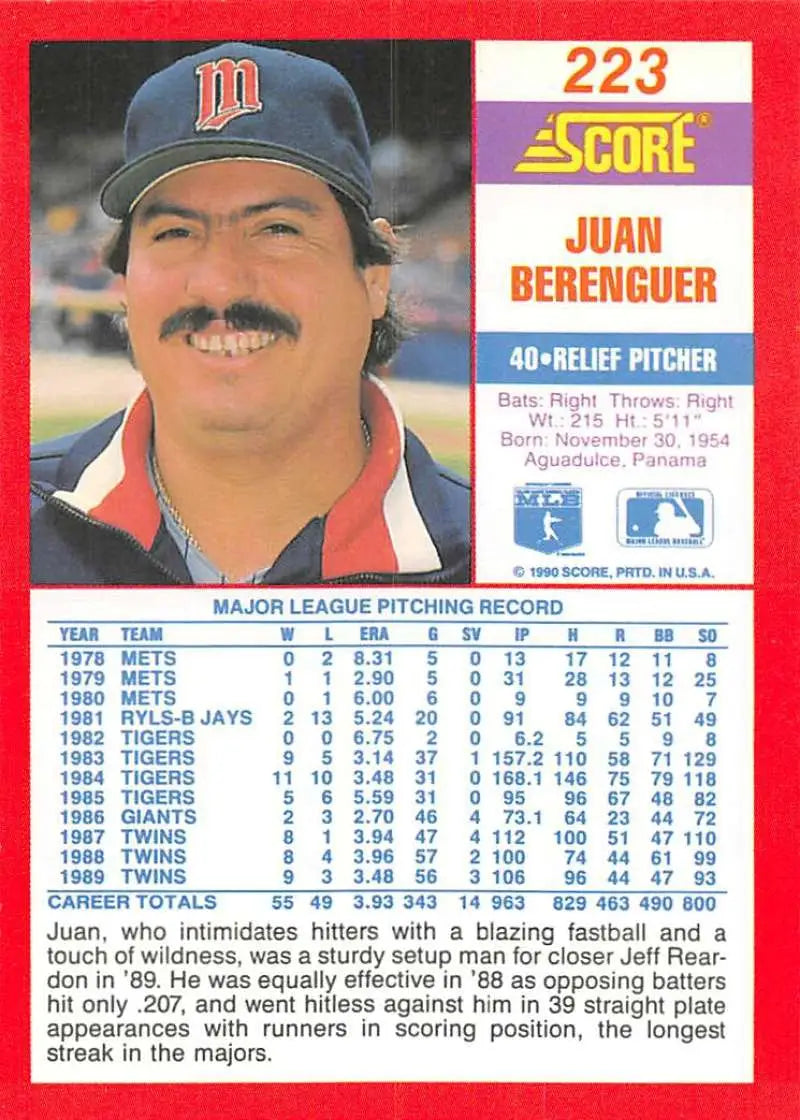 1990 Score #223 Juan Berenguer EX Excellent Minnesota Twins Baseball Card