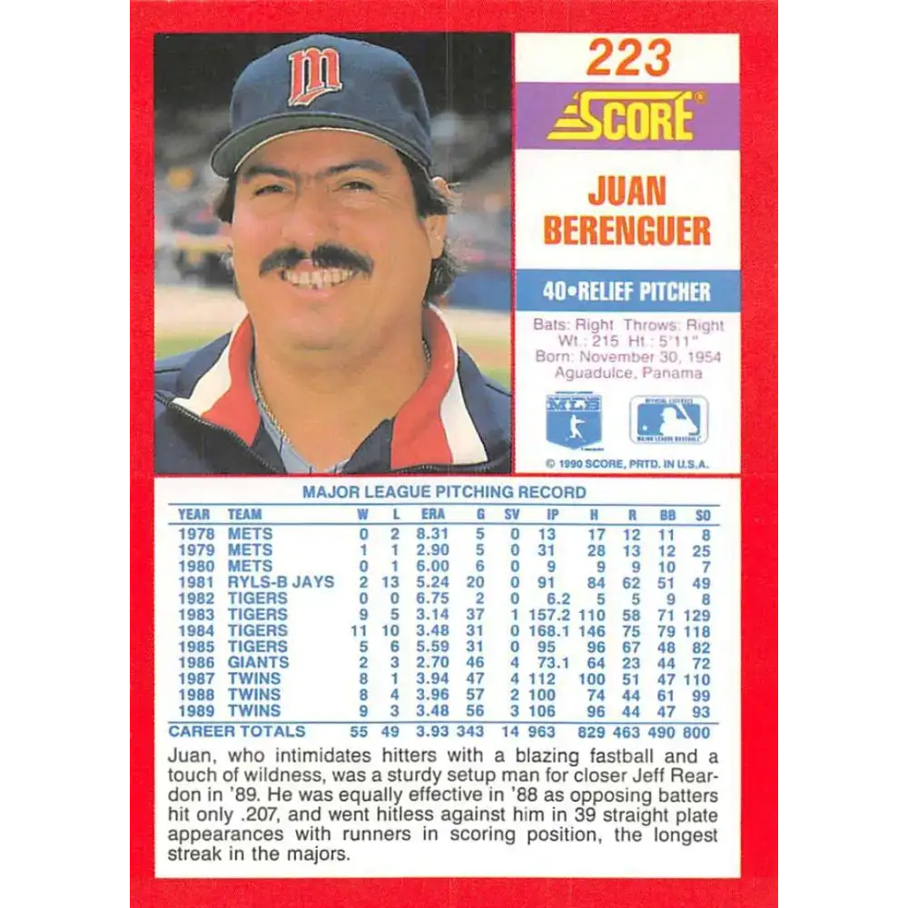 1990 Score #223 Juan Berenguer NM-MT Minnesota Twins Baseball Card - Baseball Card Single