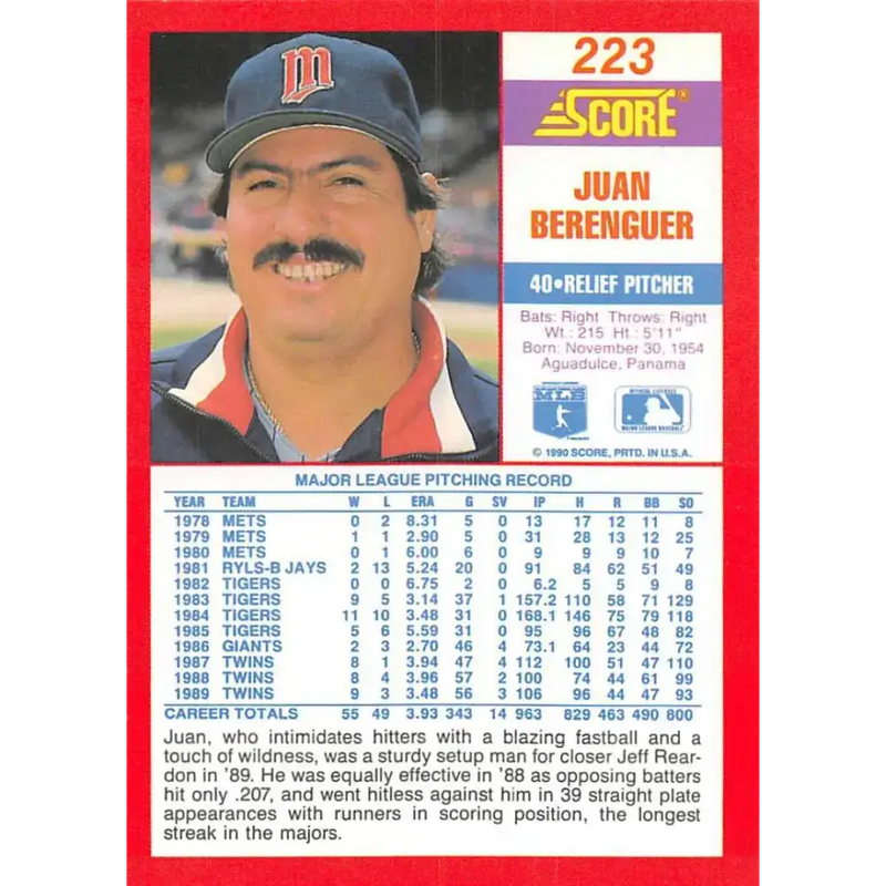 1990 Score #223 Juan Berenguer NM-MT Minnesota Twins Baseball Card - Baseball Card Single