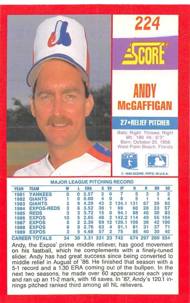 1990 Score #224 Andy McGaffigan EX Excellent Montreal Expos Baseball Card - Baseball Card Single