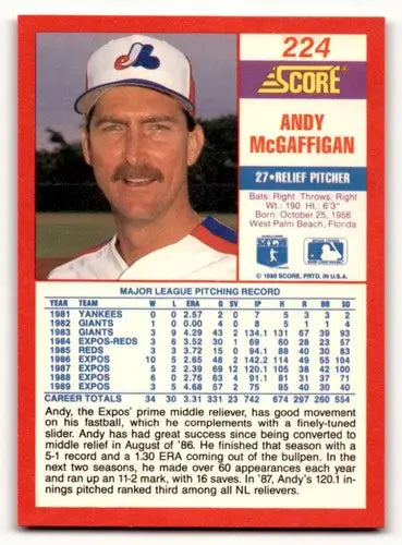 Original gloss Andy McGaffigan baseball card from 1990 Score #224 featuring Simply Sandoval