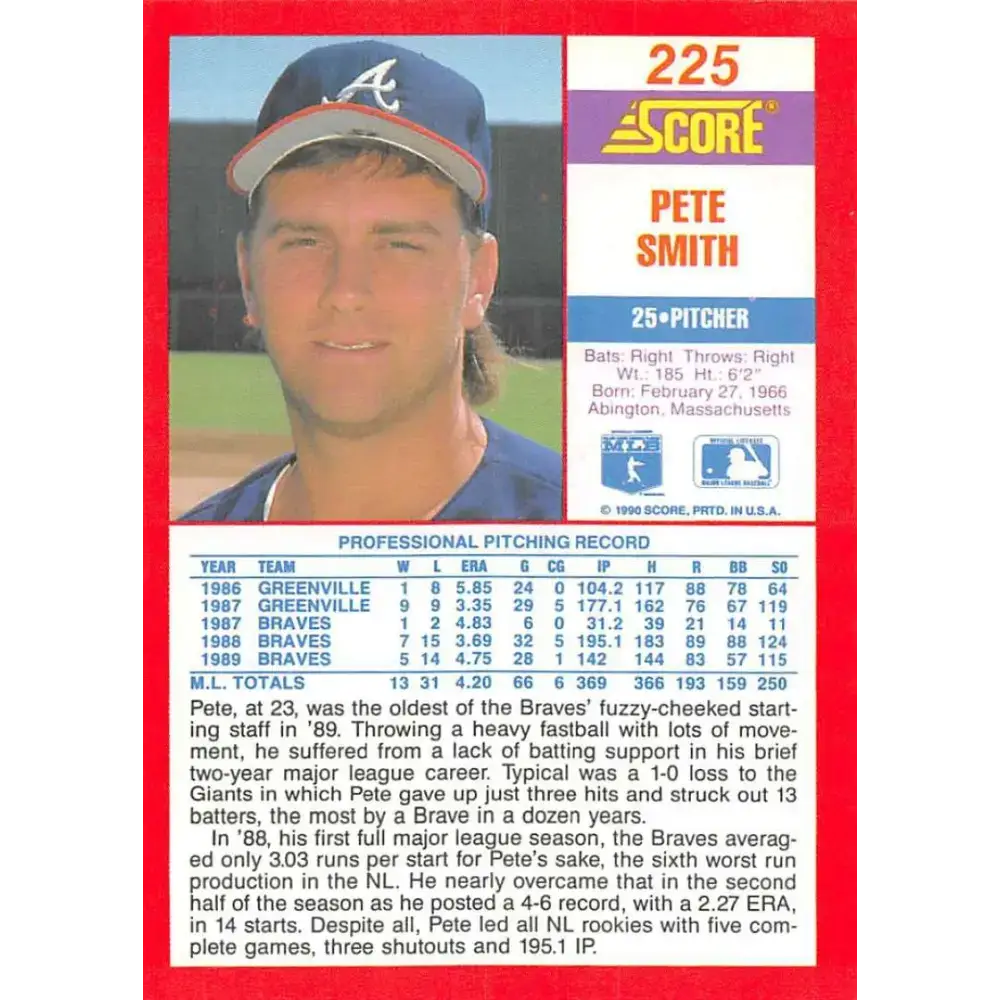 1990 Score #225 Pete Smith NM-MT Atlanta Braves Baseball Card - Baseball Card Single