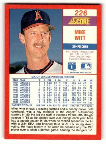 1990 Score #226 Mike Witt California Angels Baseball Cards ID:52824 - Baseball Card Single