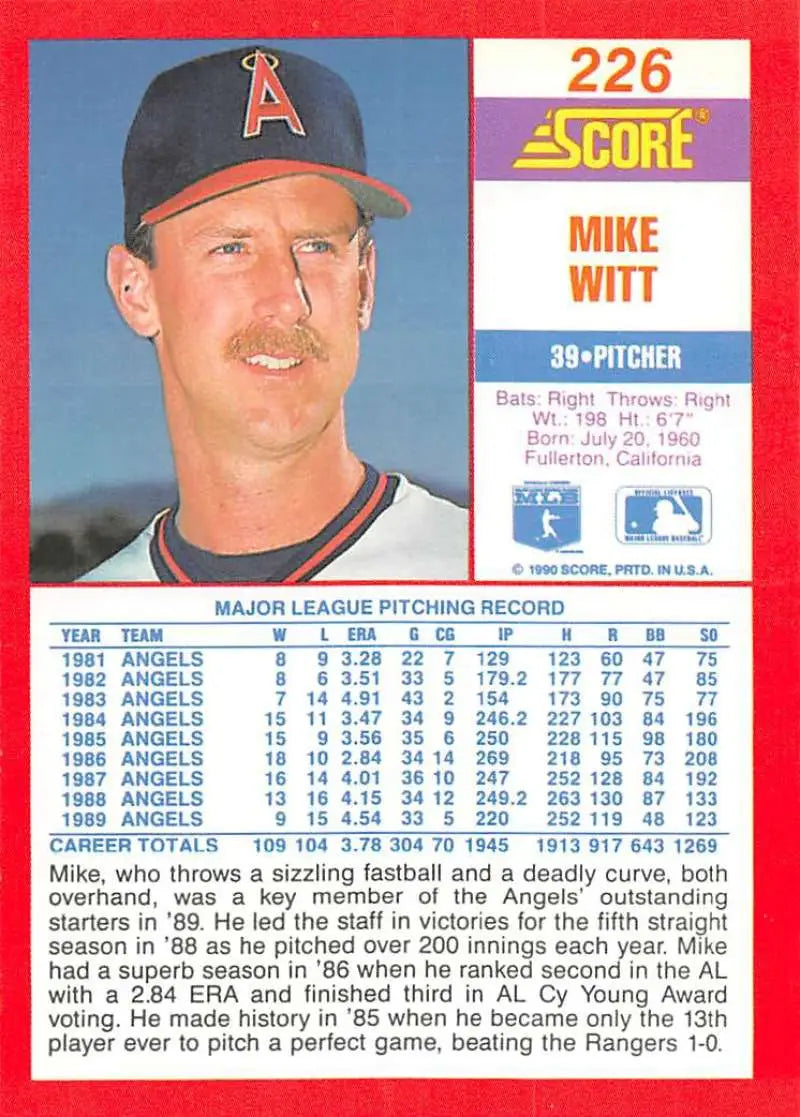 1990 Score #226 Mike Witt EX Excellent California Angels Baseball Card - Baseball Card Single