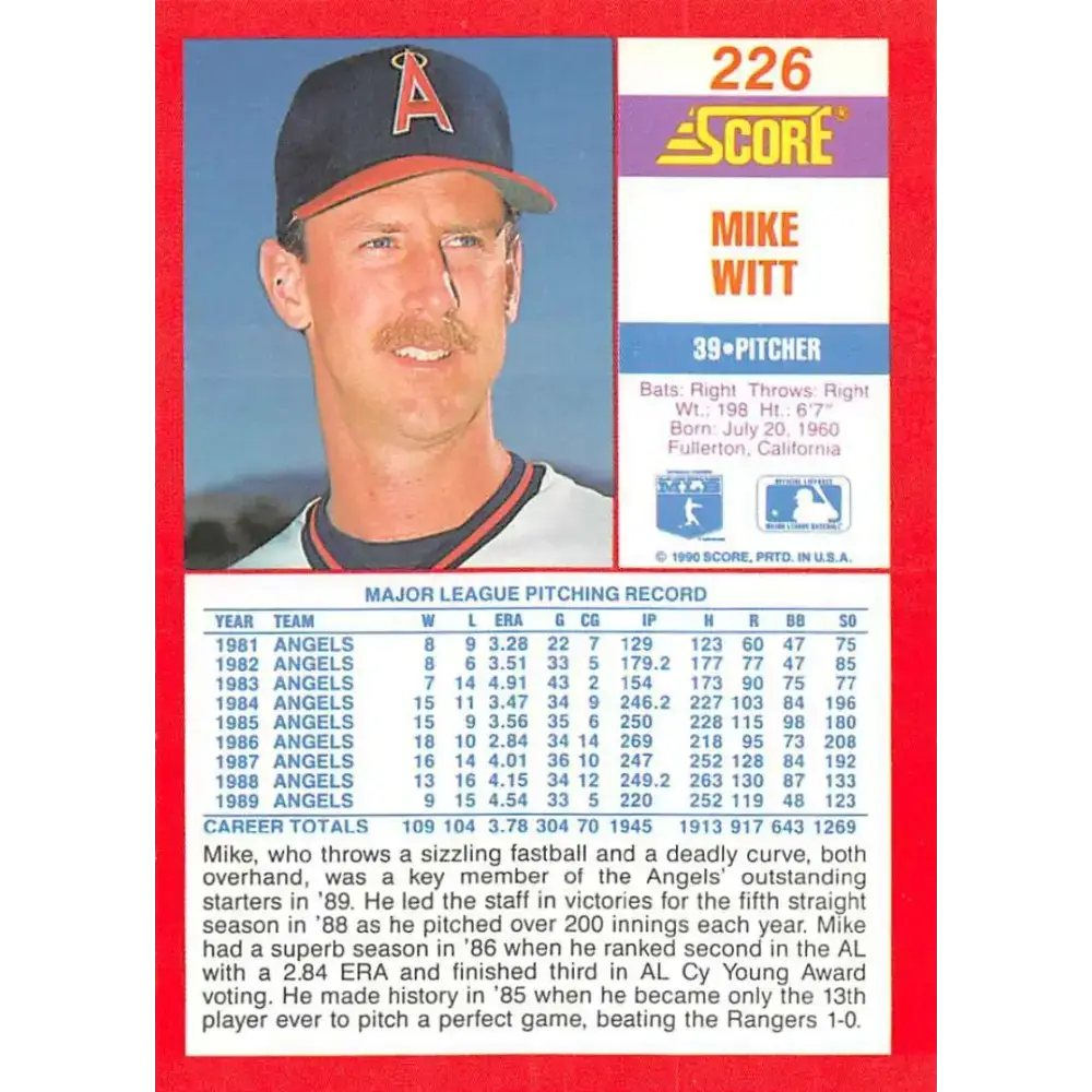1990 Score #226 Mike Witt NM-MT California Angels Baseball Card - Baseball Card Single