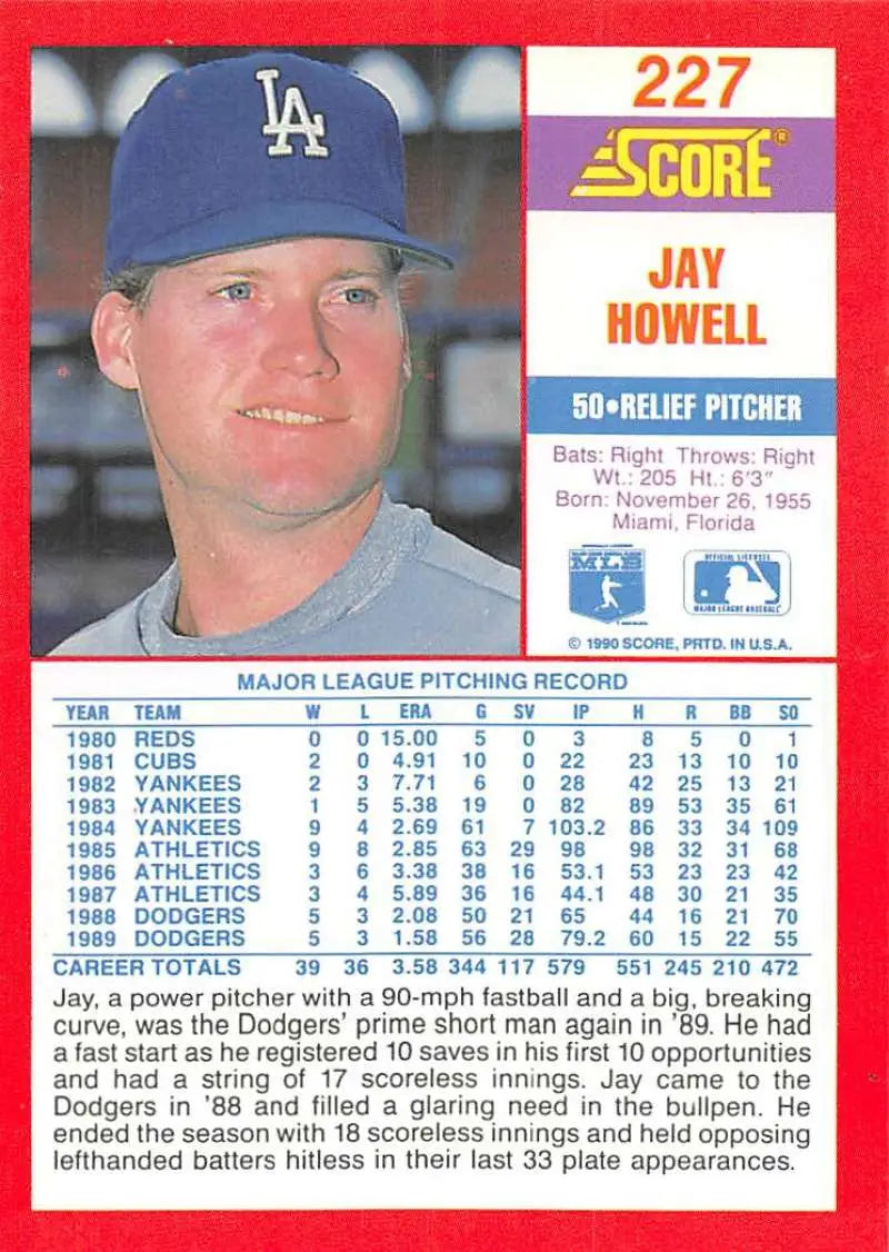 1990 Score #227 Jay Howell EX Excellent Los Angeles Dodgers Baseball Card - Baseball Card Single
