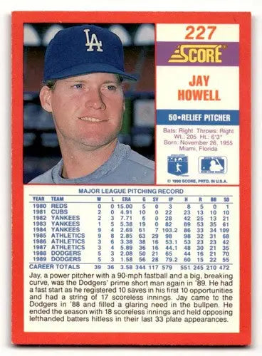 Original gloss 1990 Score Jay Howell Los Angeles Dodgers baseball card front view