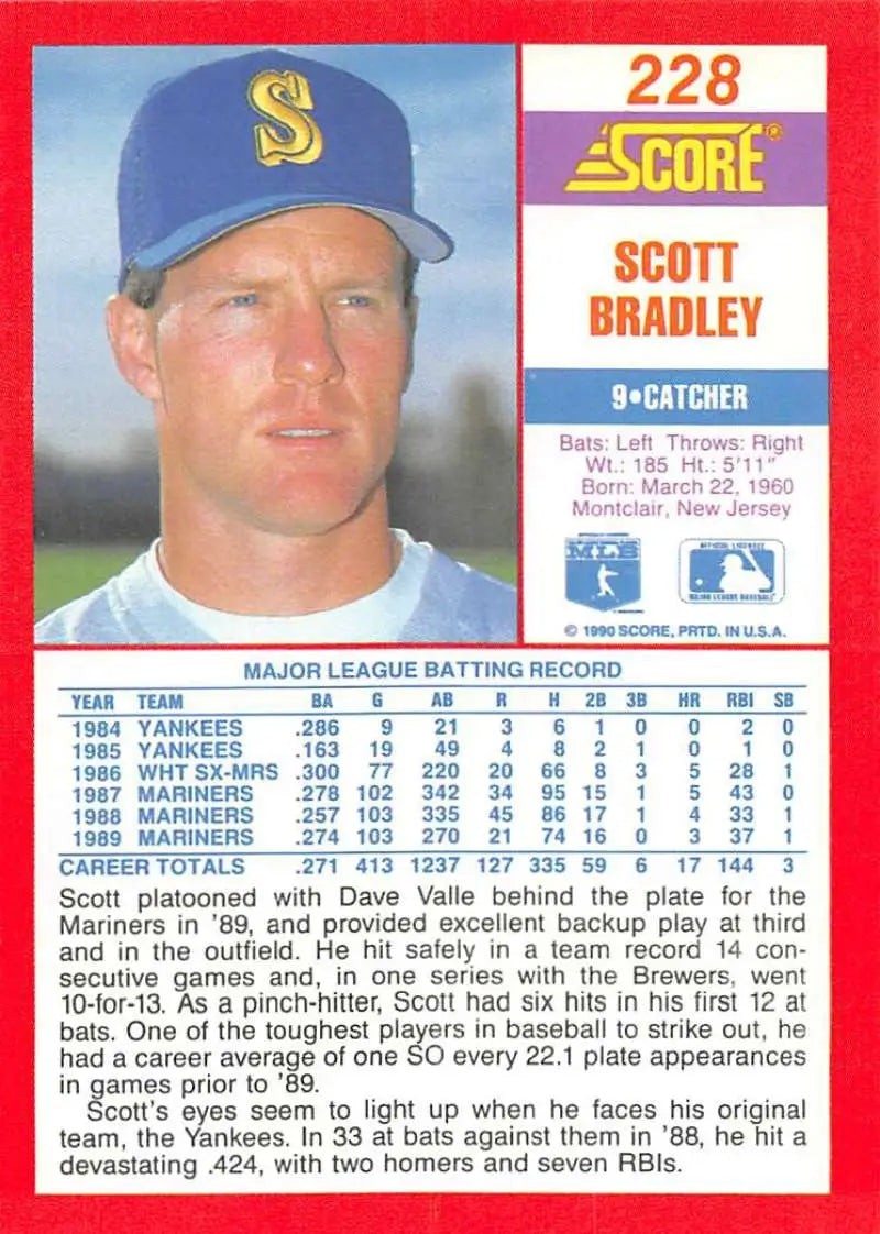 1990 Score #228 Scott Bradley EX Excellent Seattle Mariners Baseball Card - Baseball Card Single