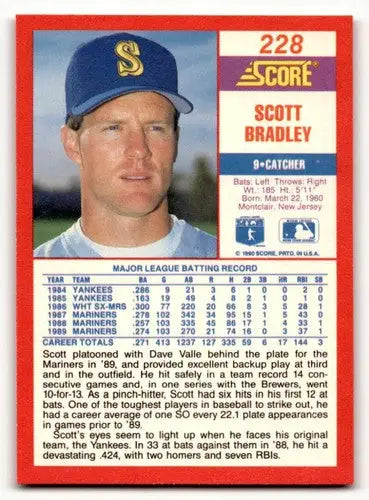 Original gloss Scott Bradley baseball card from 1990 Score #228 featuring Simply Sandoval