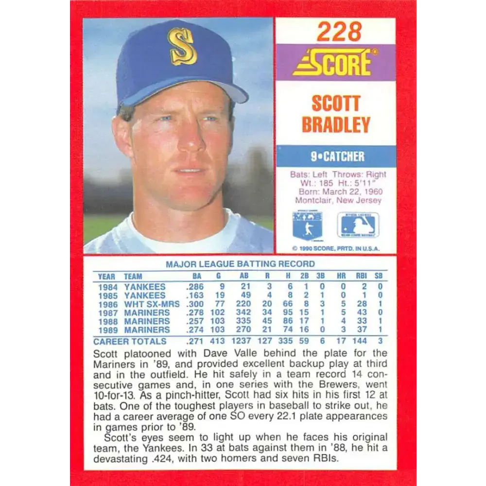 1990 Score #228 Scott Bradley NM-MT Seattle Mariners Baseball Card - Baseball Card Single