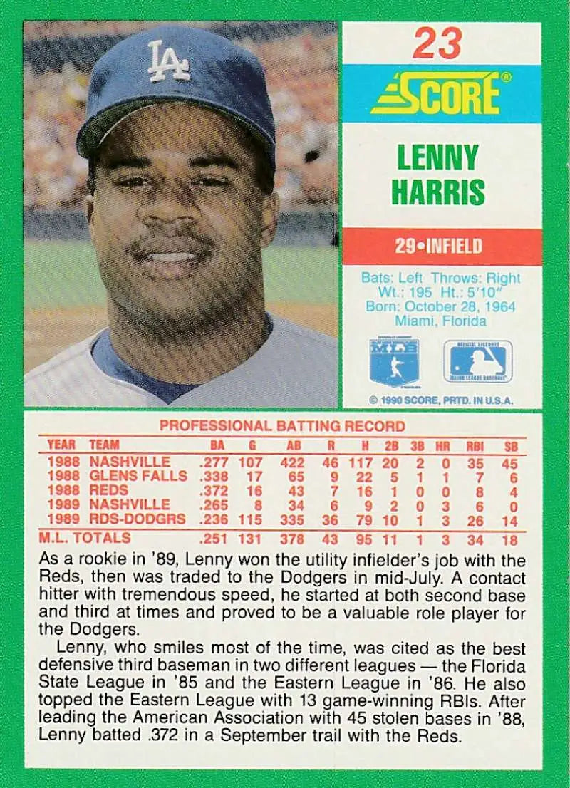 1990 Score #23 Lenny Harris EX Excellent Los Angeles Dodgers Baseball Card - Baseball Card Single