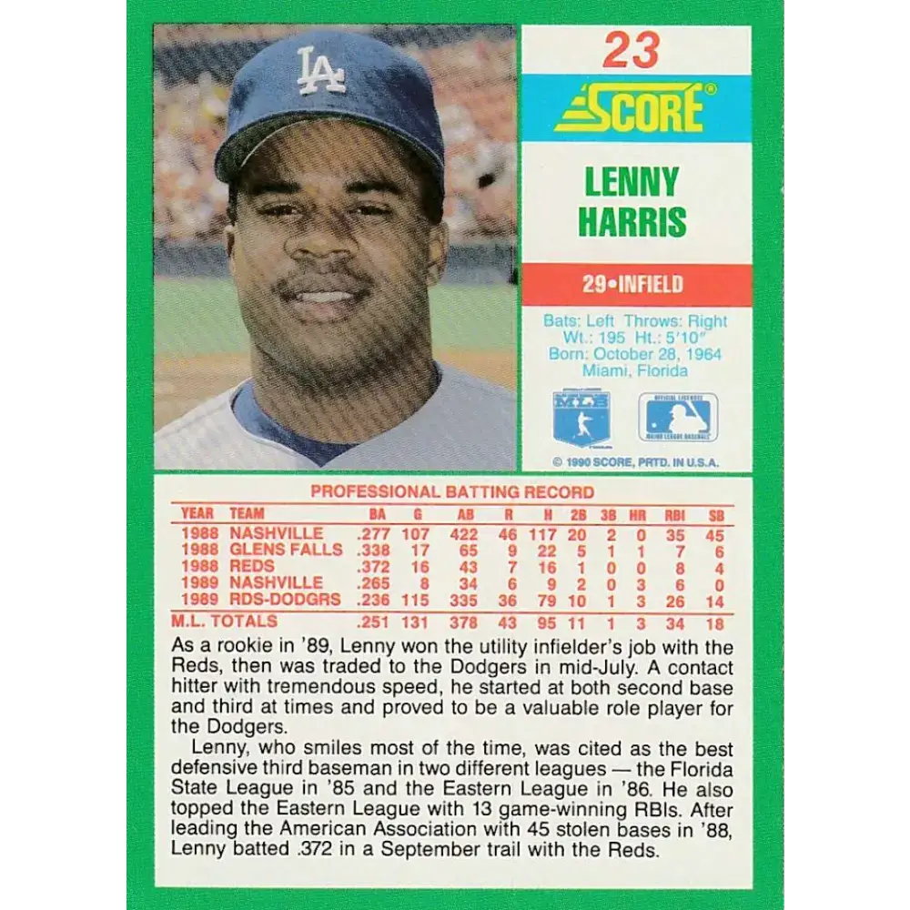 1990 Score #23 Lenny Harris NM-MT Los Angeles Dodgers Baseball Card - Baseball Card Single