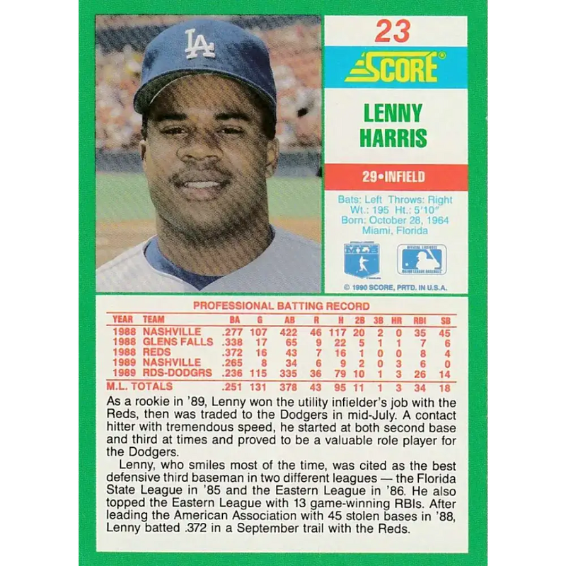 1990 Score #23 Lenny Harris NM-MT Los Angeles Dodgers Baseball Card - Baseball Card Single