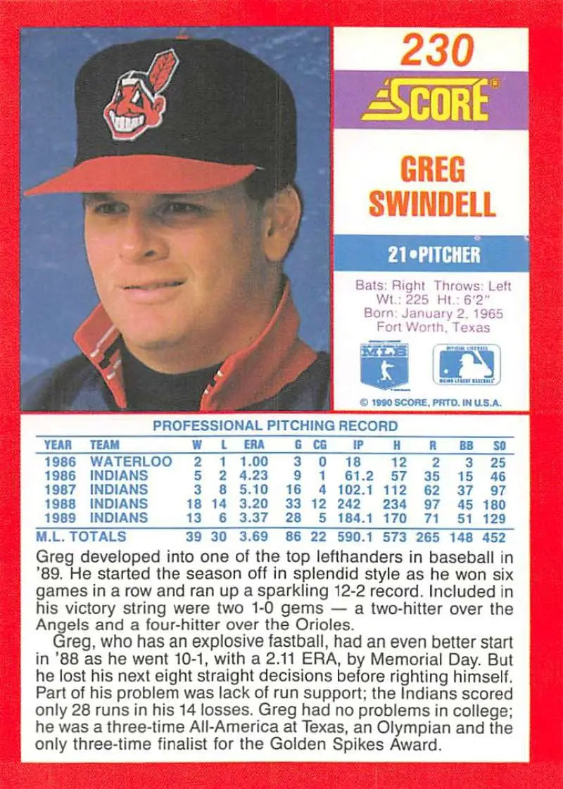 1990 Score #230 Greg Swindell EX Excellent Cleveland Indians Baseball Card - Baseball Card Single