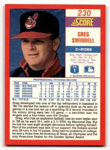 Original gloss of Greg Swindell baseball card from 1990 Score #230 with Simply Sandoval ID 46386