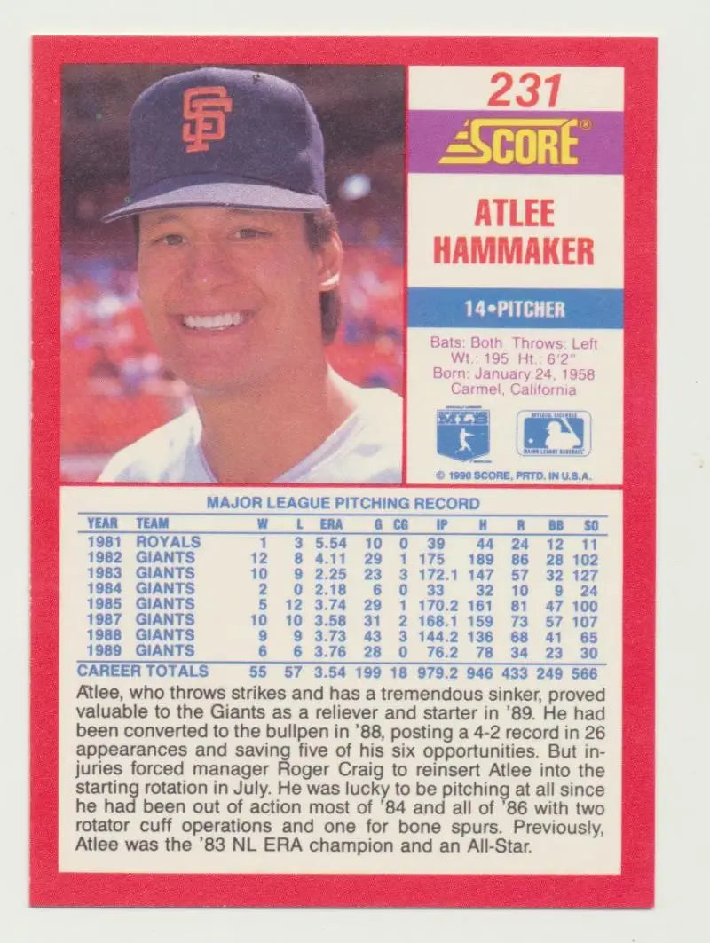 1990 Score #231 Atlee Hammaker EX Excellent San Francisco Giants Baseball Card - Baseball Card Single
