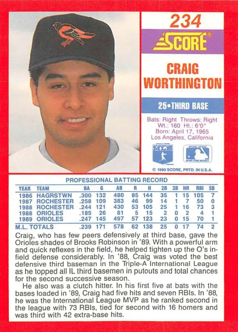1990 Score #234 Craig Worthington EX Excellent Baltimore Orioles Baseball Card - Baseball Card Single