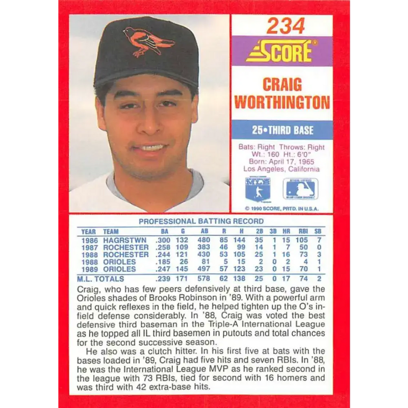 1990 Score #234 Craig Worthington NM-MT Baltimore Orioles Baseball Card - Baseball Card Single