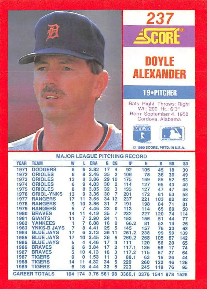 1990 Score #237 Doyle Alexander EX Excellent Detroit Tigers Baseball Card - Baseball Card Single