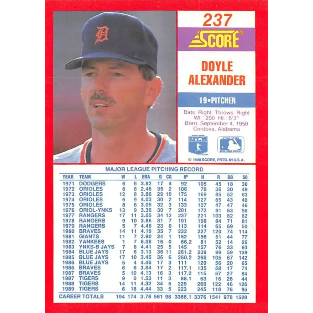 1990 Score #237 Doyle Alexander NM-MT Detroit Tigers Baseball Card - Baseball Card Single