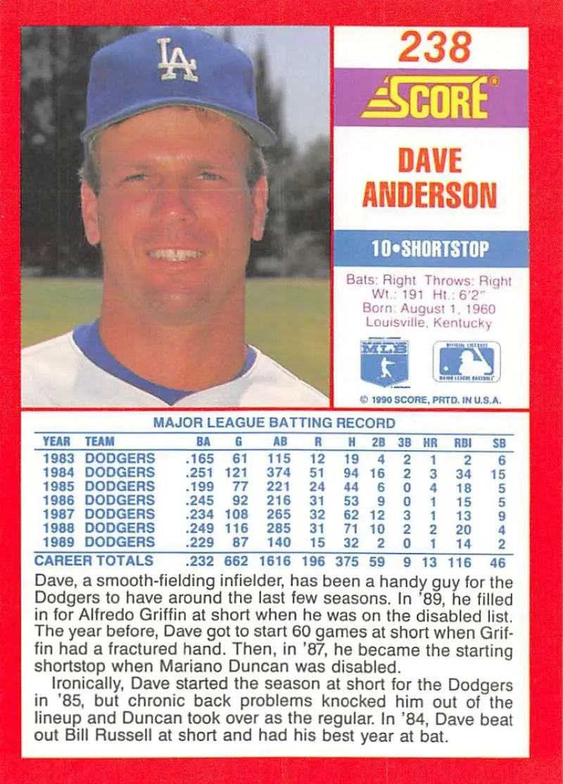 1990 Score #238 Dave Anderson EX Excellent Los Angeles Dodgers Baseball Card - Baseball Card Single