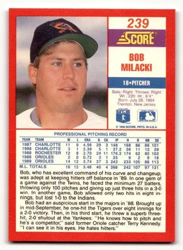 Original gloss of Bob Milacki baseball card from 1990 Score #239 featuring Simply Sandoval