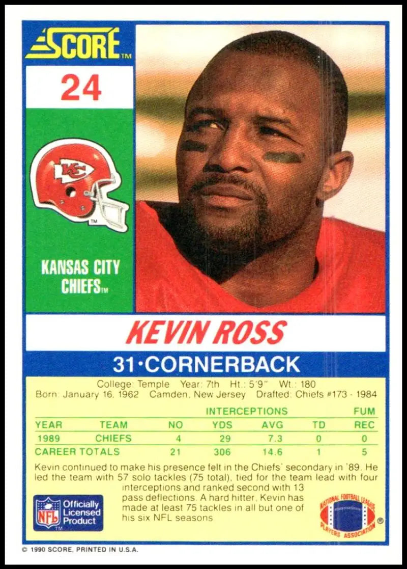 1990 Score #24 Kevin Ross NM-MT Kansas City Chiefs Football Card - Football Card Single