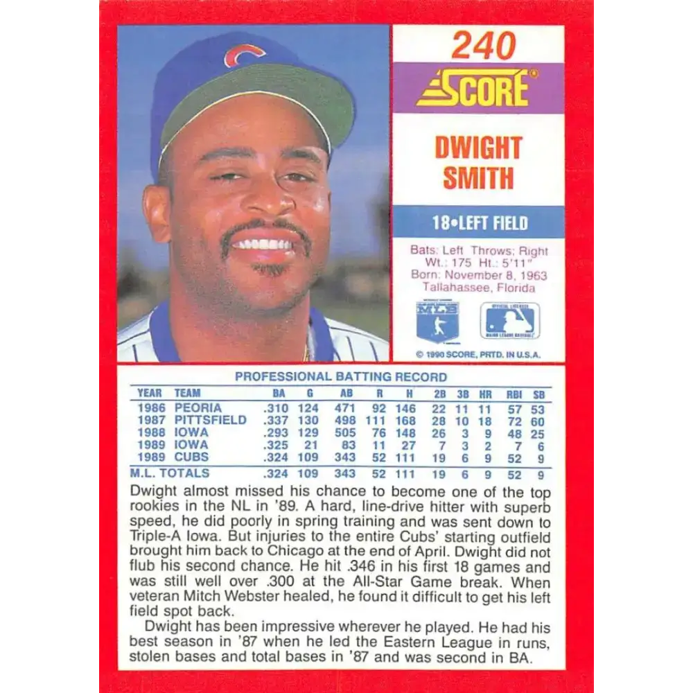 1990 Score #240 Dwight Smith NM-MT Chicago Cubs Baseball Card - Baseball Card Single