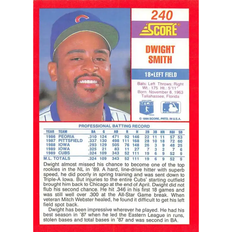 1990 Score #240 Dwight Smith NM-MT Chicago Cubs Baseball Card - Baseball Card Single