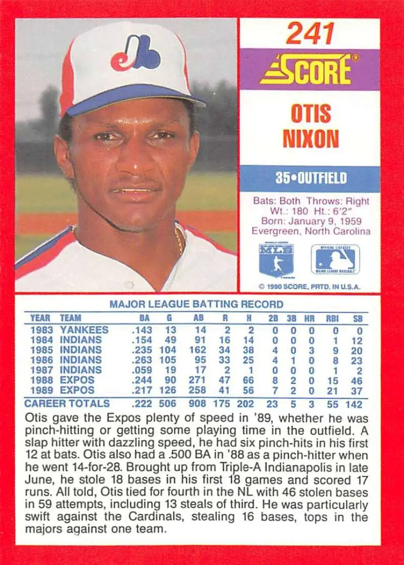 1990 Score #241 Otis Nixon EX Excellent Montreal Expos Baseball Card - Baseball Card Single