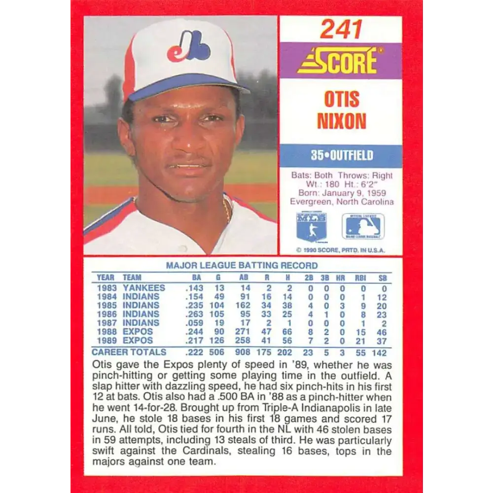 1990 Score #241 Otis Nixon NM-MT Montreal Expos Baseball Card - Baseball Card Single