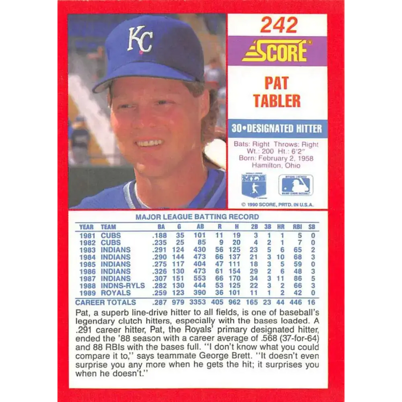 1990 Score #242 Pat Tabler NM-MT Kansas City Royals Baseball Card - Baseball Card Single