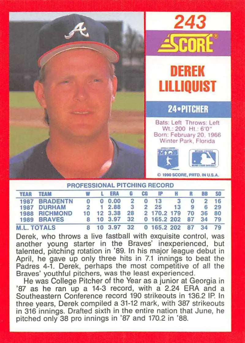 1990 Score #243 Derek Lilliquist EX Excellent Atlanta Braves Baseball Card - Baseball Card Single
