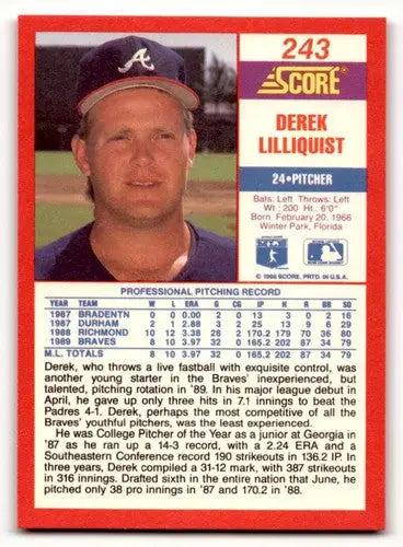 Original gloss Derek Lilliquist baseball card from 1990 Score #243 featuring Simply Sandoval