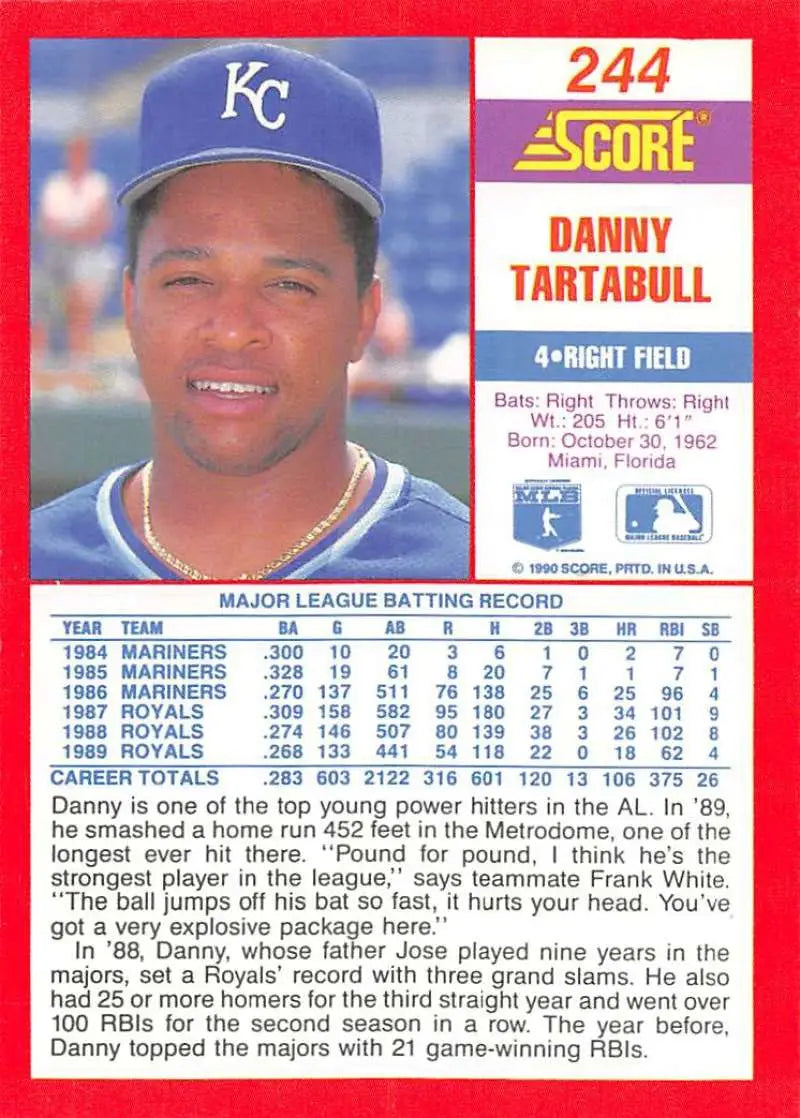 1990 Score #244 Danny Tartabull EX Excellent Kansas City Royals Baseball Card - Baseball Card Single