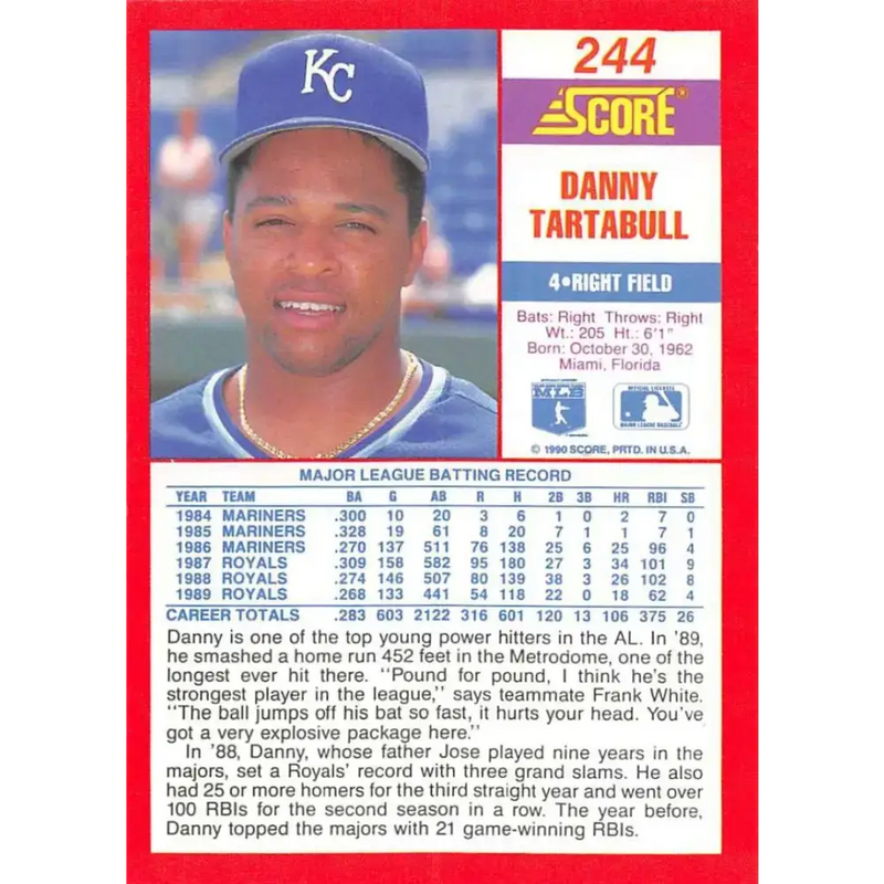 1990 Score #244 Danny Tartabull NM-MT Kansas City Royals Baseball Card - Baseball Card Single