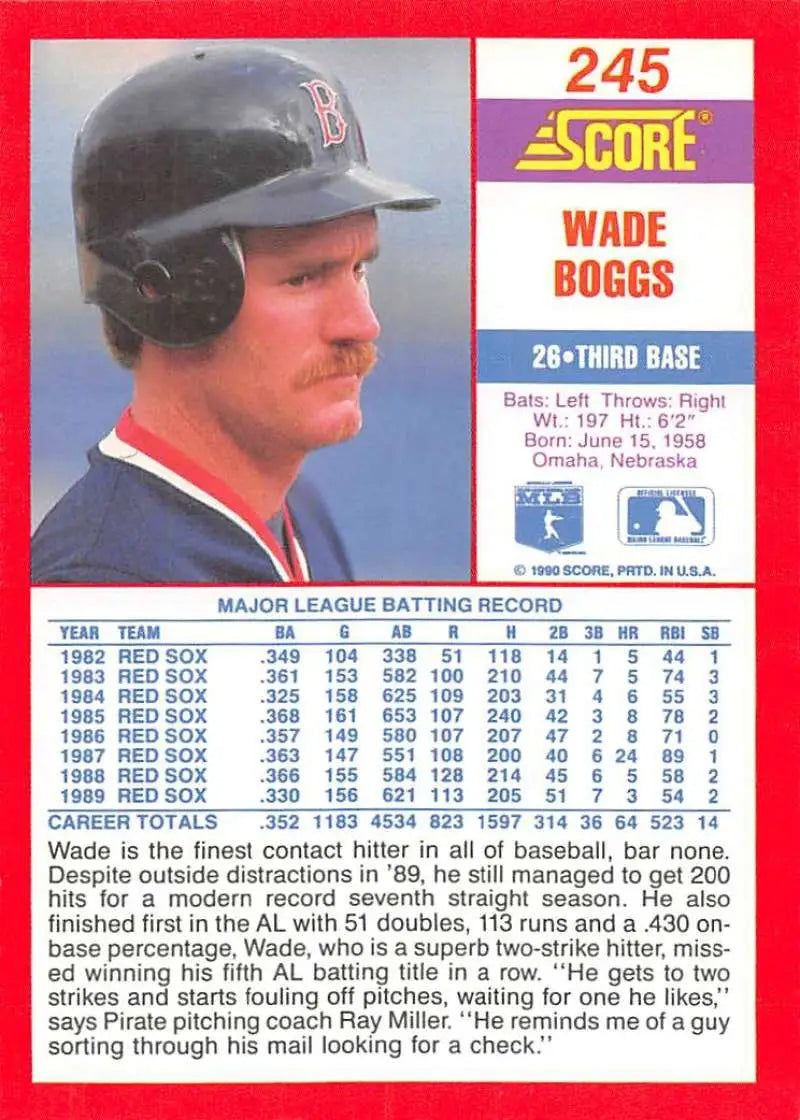 1990 Score #245 Wade Boggs EX Excellent Boston Red Sox Baseball Card - Baseball Card Single
