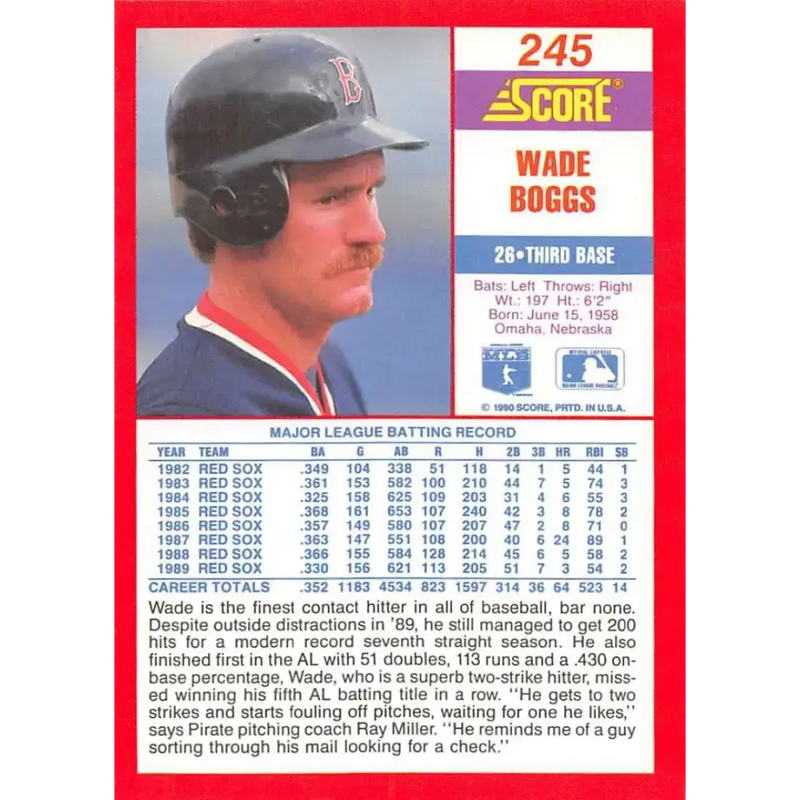 1990 Score #245 Wade Boggs NM-MT Boston Red Sox Baseball Card - Baseball Card Single