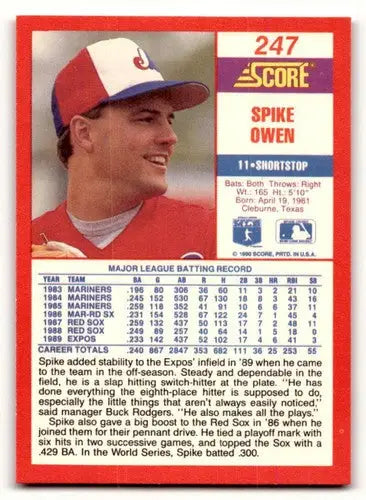 Original gloss Spike Owen baseball card from 1990 Score #247 featuring Spike Owen
