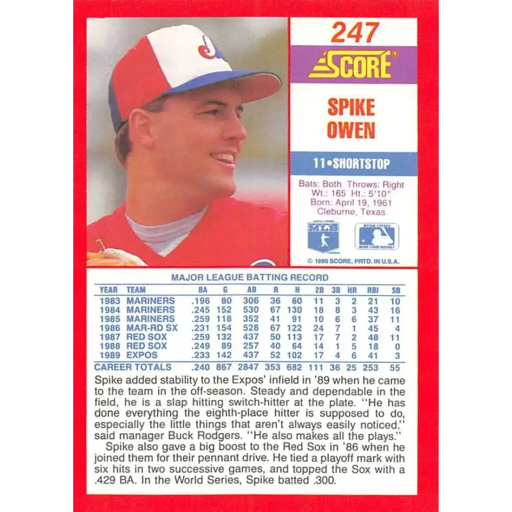 1990 Score #247 Spike Owen NM-MT Montreal Expos Baseball Card - Baseball Card Single
