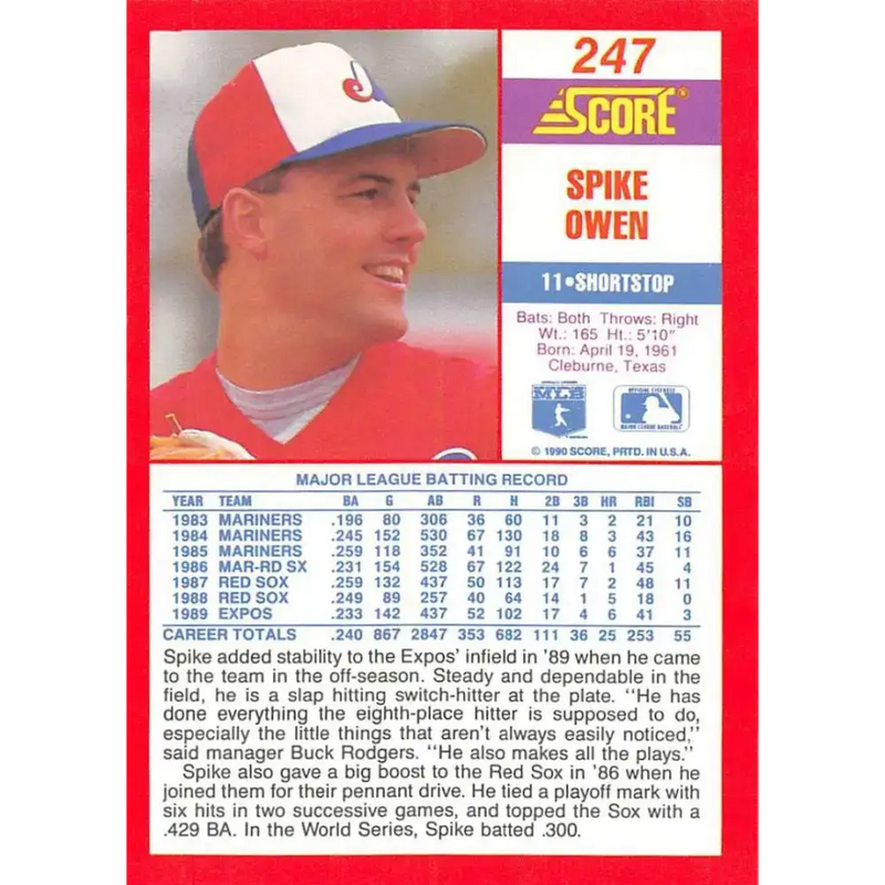 1990 Score #247 Spike Owen NM-MT Montreal Expos Baseball Card - Baseball Card Single