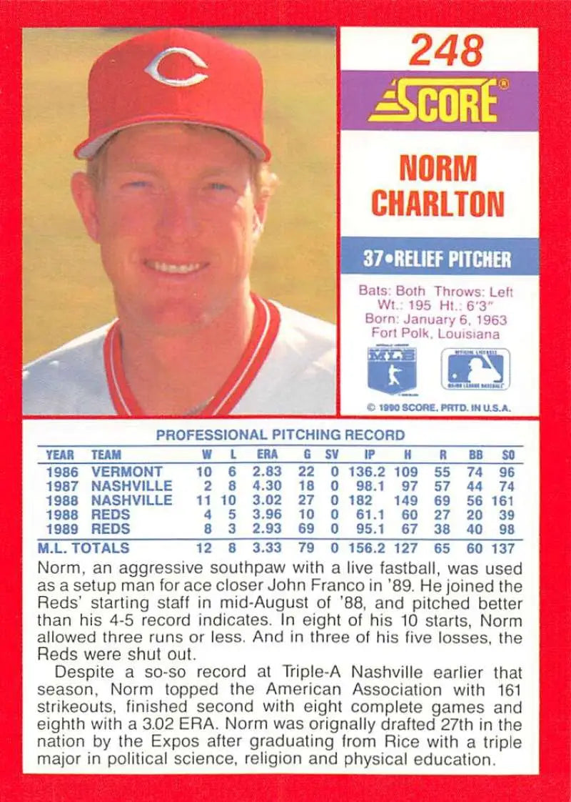 1990 Score #248 Norm Charlton EX Excellent Cincinnati Reds Baseball Card - Baseball Card Single
