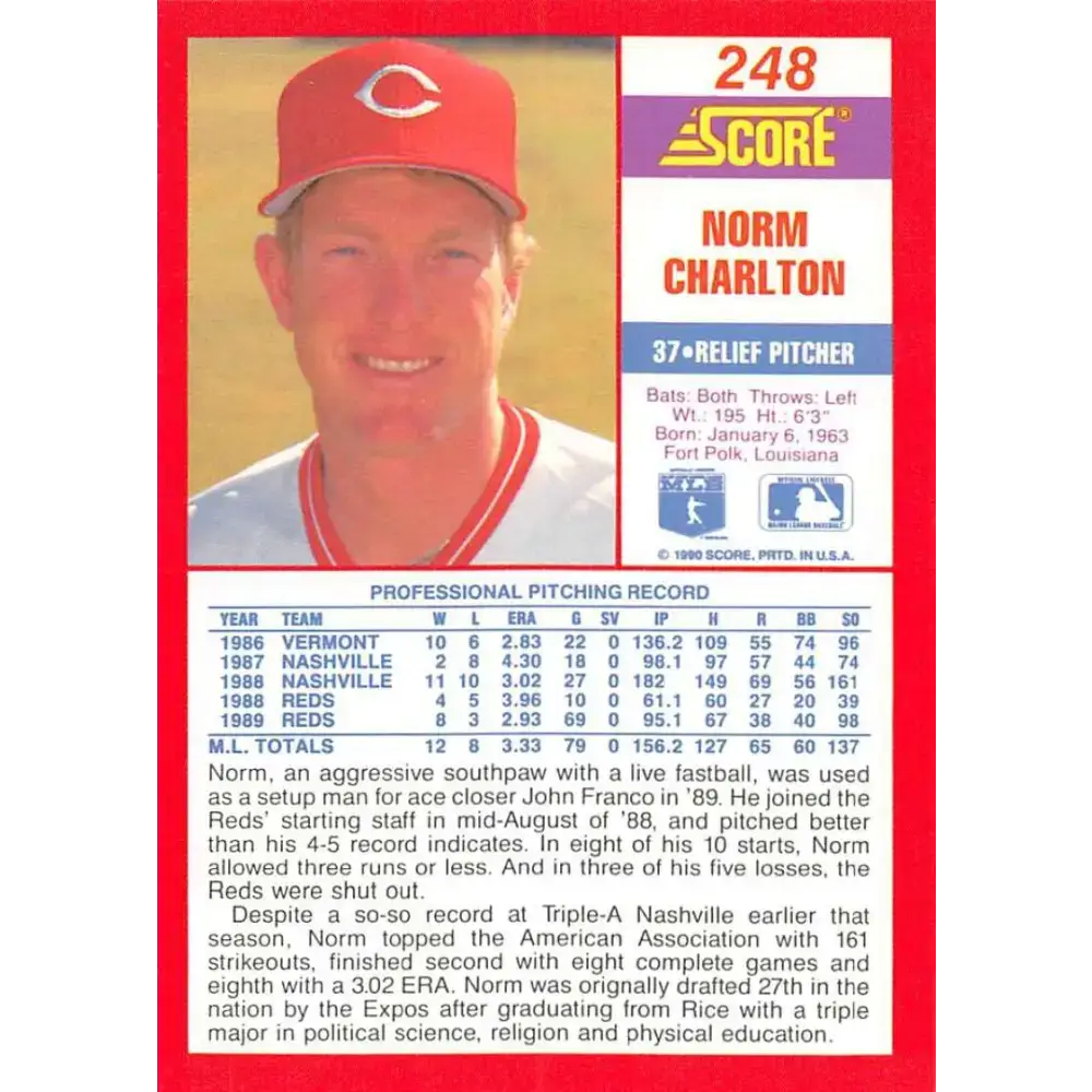 1990 Score #248 Norm Charlton NM-MT Cincinnati Reds Baseball Card - Baseball Card Single
